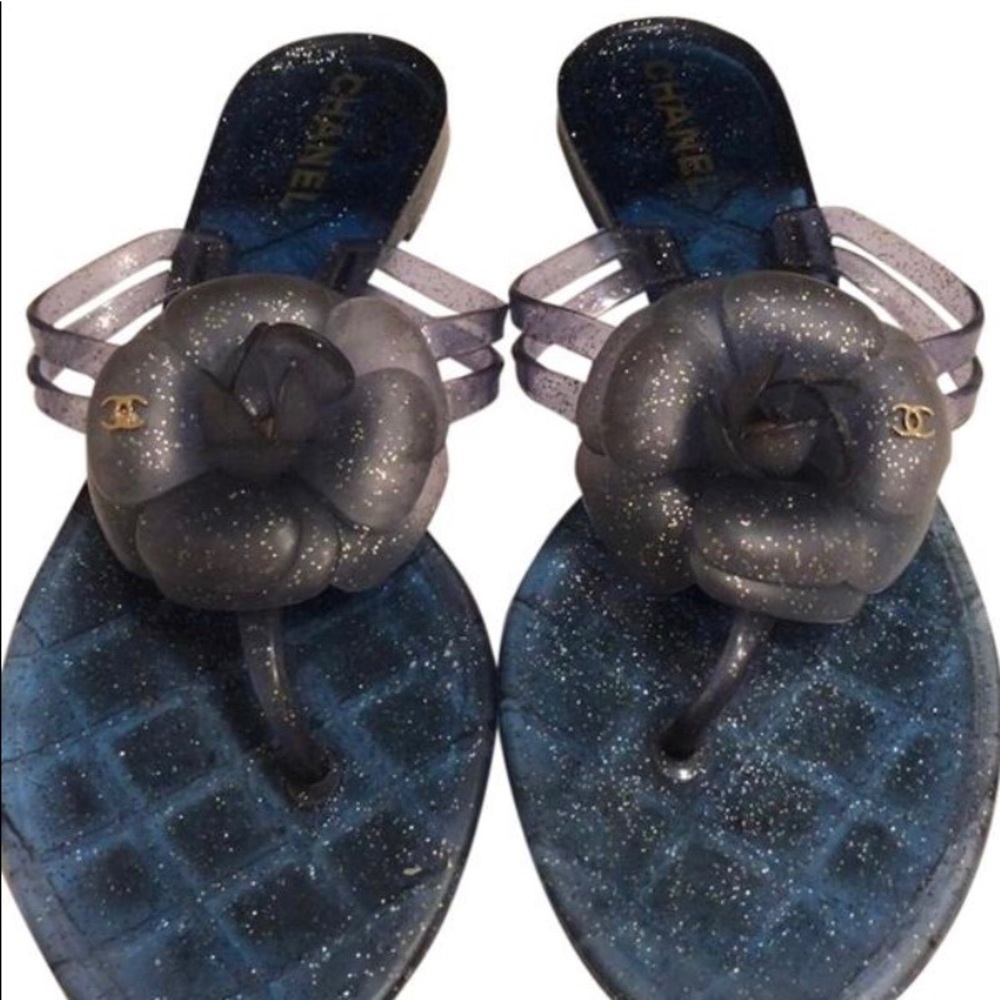 Chanel Camellia Glitter Blue Jelly Thong Sandlas